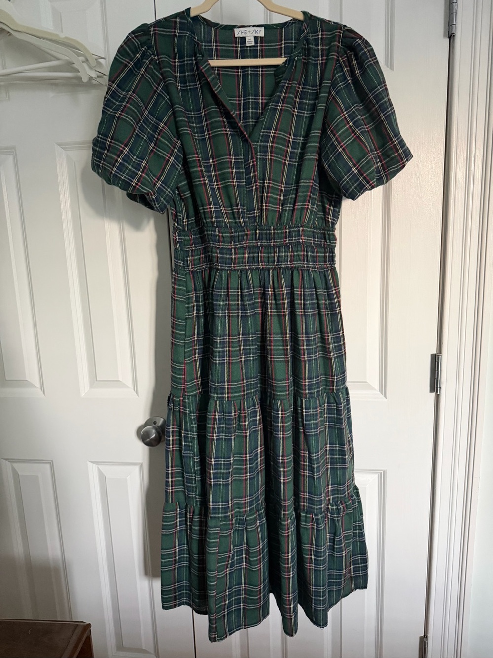 She + Sky Green Plaid Midi Dress with Puff Sleeves